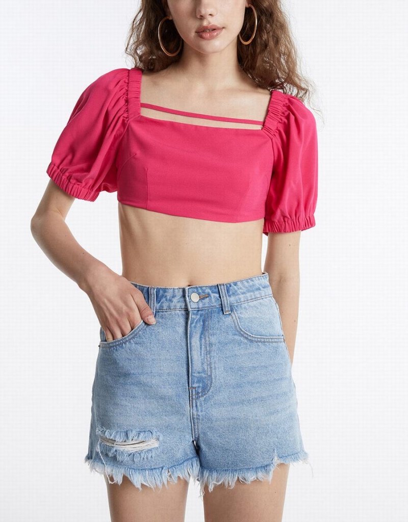 Urban Revivo Puff Sleeve Crop Top Women's T Shirts Red | TXU2397QU