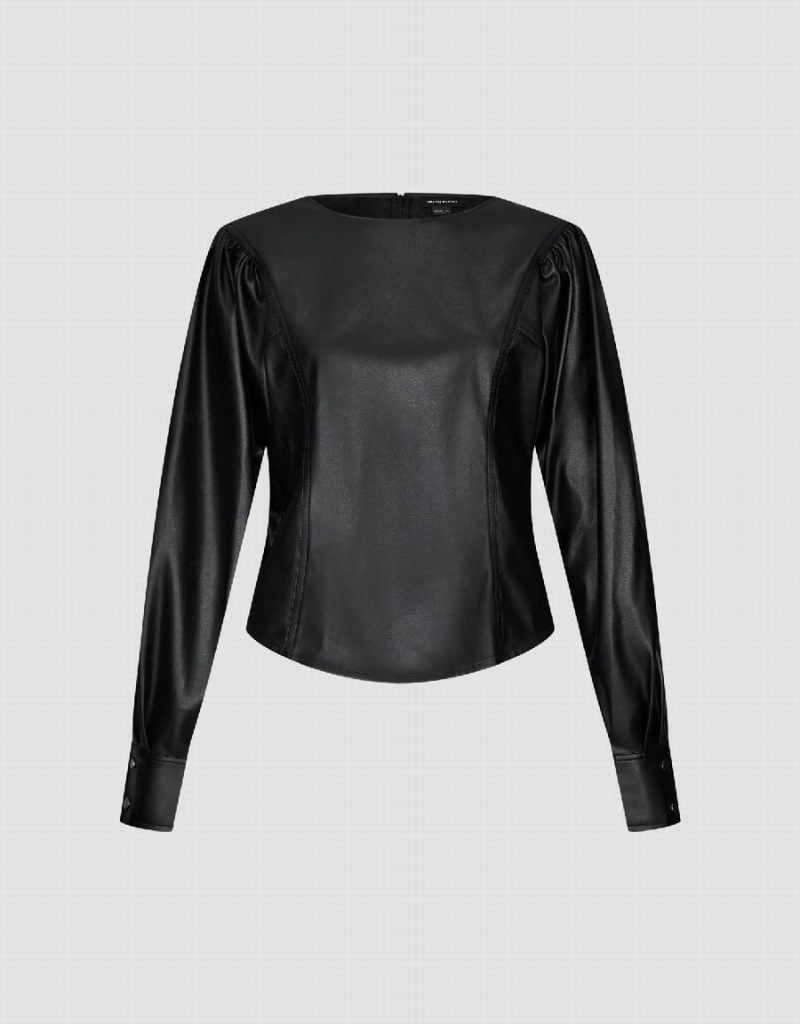 Urban Revivo Puff Sleeve Vegan Leather Overhead Women's Blouse Black | DQH4430KV