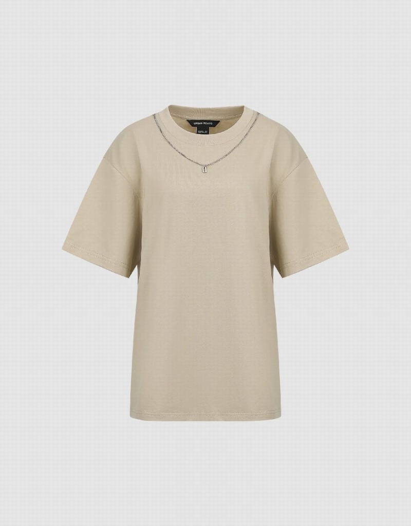 Urban Revivo Regular With Necklace Women's T Shirts Khaki | TBE466NK