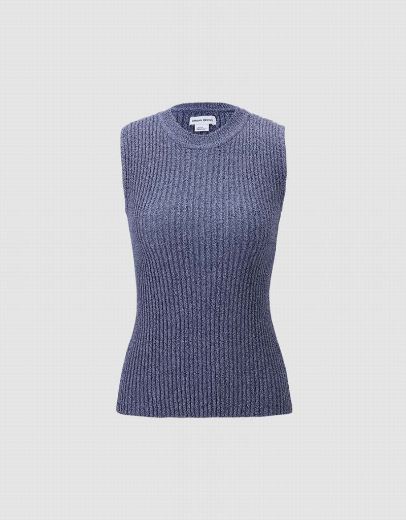 Urban Revivo Rib Knit Women's Tank Top Blue | QJG7079NG