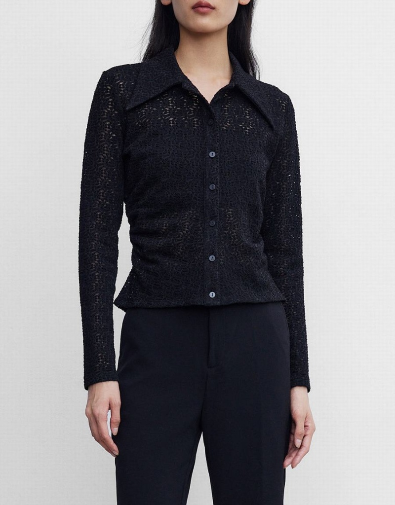 Urban Revivo Ruched Button Up Fitted Women's Shirts Black | FZH340ZW