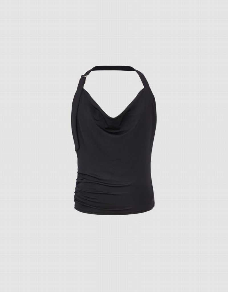 Urban Revivo Ruched Cowl Neck Women's Tank Top Black | FPF4494YJ