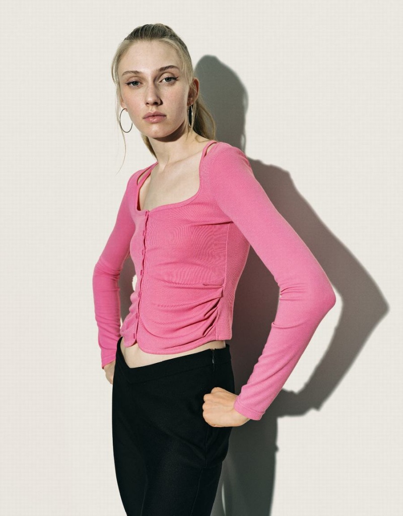 Urban Revivo Ruched Crew Neck Knitted Top Women's Shirts Pink | IJL9127MM