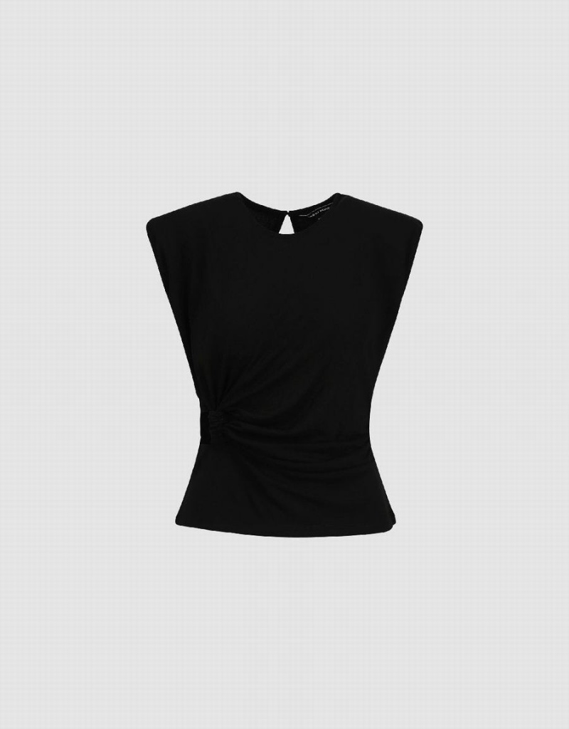 Urban Revivo Ruched Crew Neck Women's T Shirts Black | IOM10044MQ