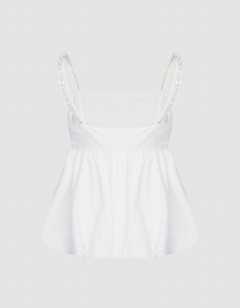 Urban Revivo Ruffle Hem Cami Top With Beaded Strap Women's Tank Top White | FBC2731UU