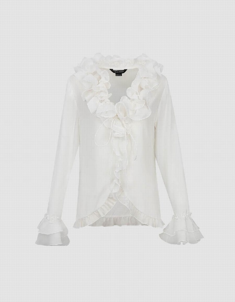 Urban Revivo Ruffle V-Neck Tie Front Women's Blouse White | OLU2244OD