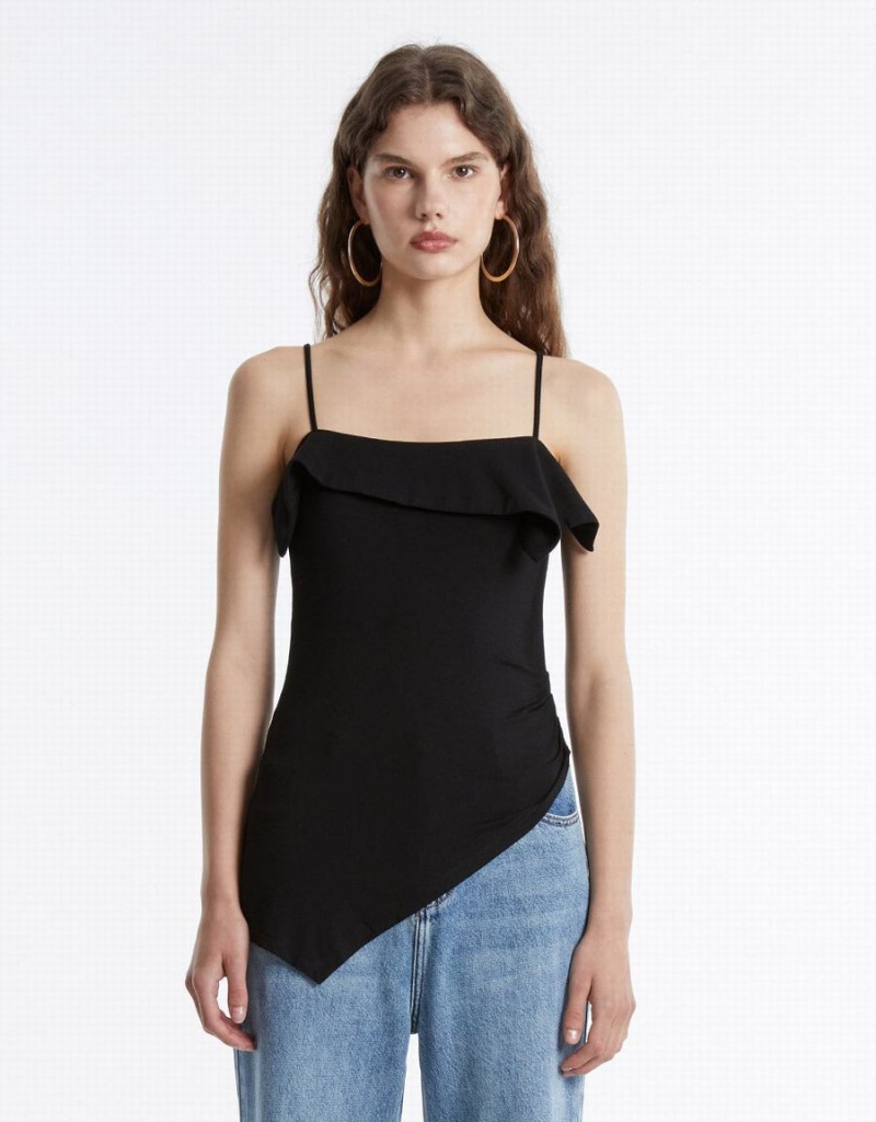 Urban Revivo Ruffled Asymmetric Women's Tank Top Black | TXI5350EN