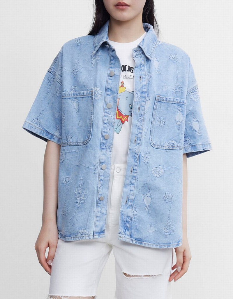 Urban Revivo Seashell Patched Pocket Denim Women's Shirts Blue | FTP1777ZD