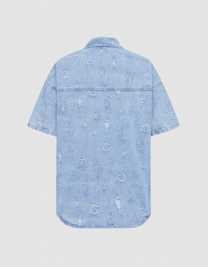 Urban Revivo Seashell Patched Pocket Denim Women's Shirts Blue | FTP1777ZD