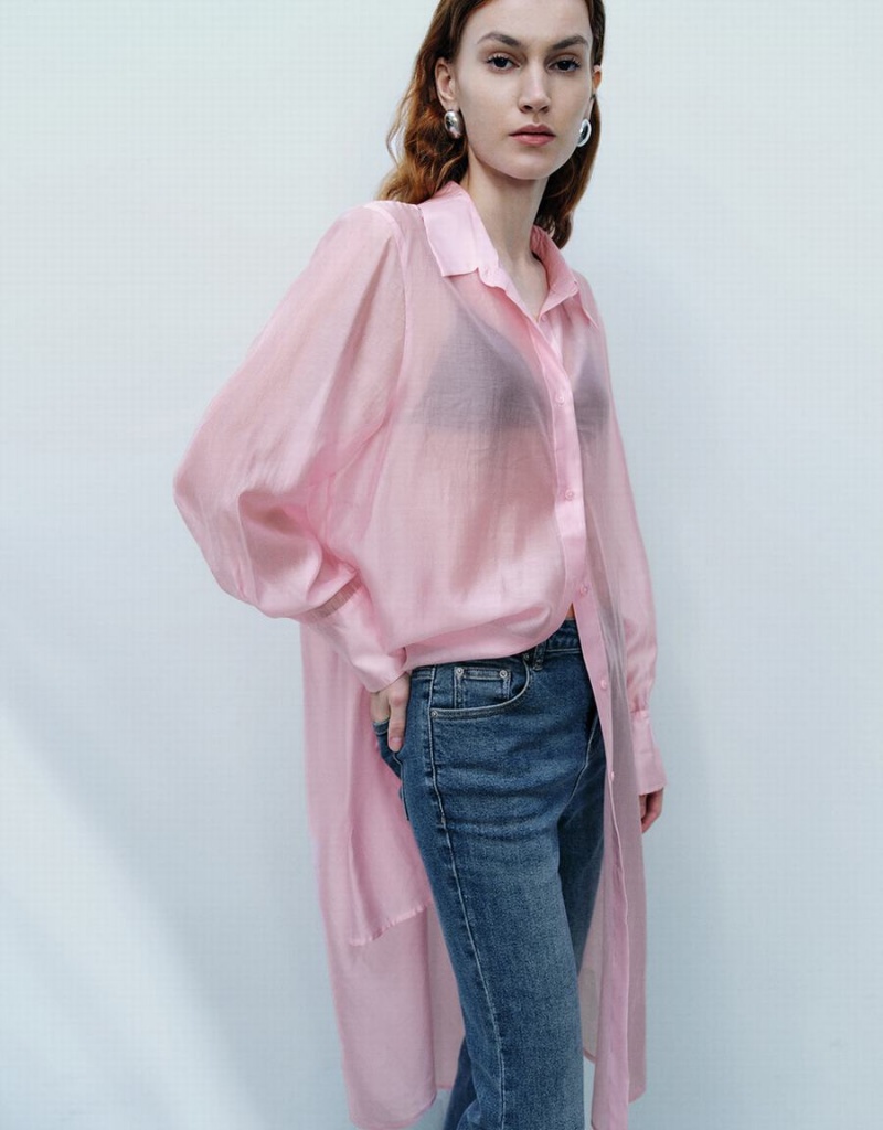 Urban Revivo Sheer Long Straight Women's Shirts Pink | BUY1493IA