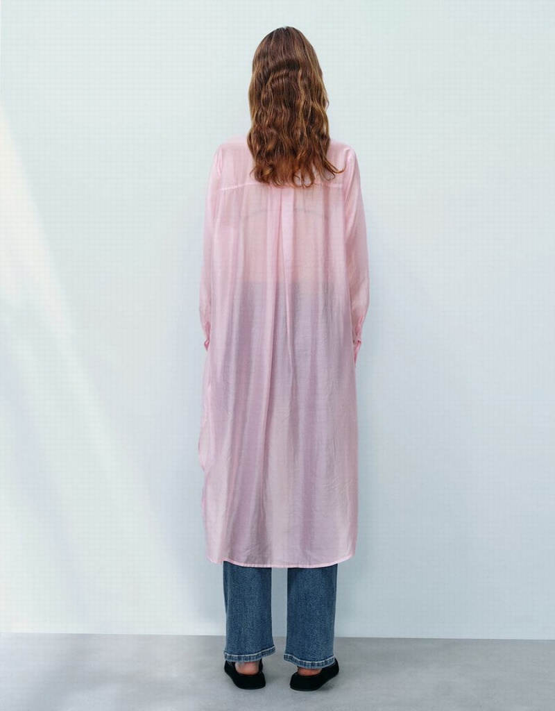 Urban Revivo Sheer Long Straight Women's Shirts Pink | BUY1493IA