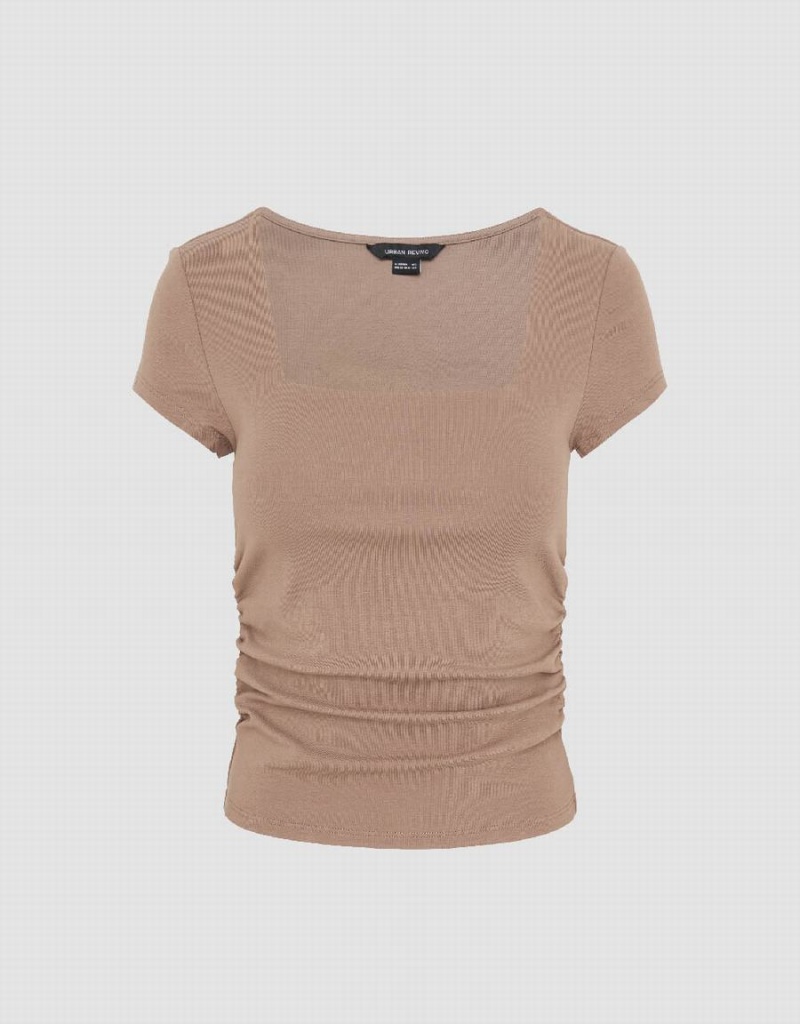 Urban Revivo Square-Cut Collar Skinny Knitted Women's T Shirts Khaki Brown | LKF869IO