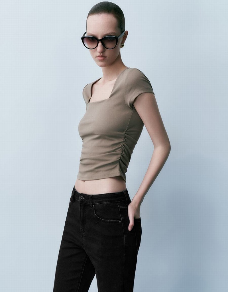 Urban Revivo Square-Cut Collar Skinny Knitted Women's T Shirts Khaki Brown | LKF869IO