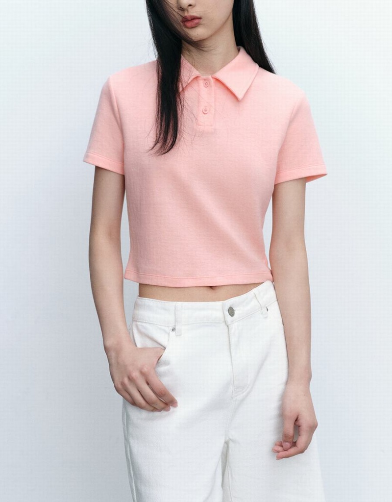 Urban Revivo Standard Sleeve Straight Women's Polo Shirts Pink | GLT6195WX