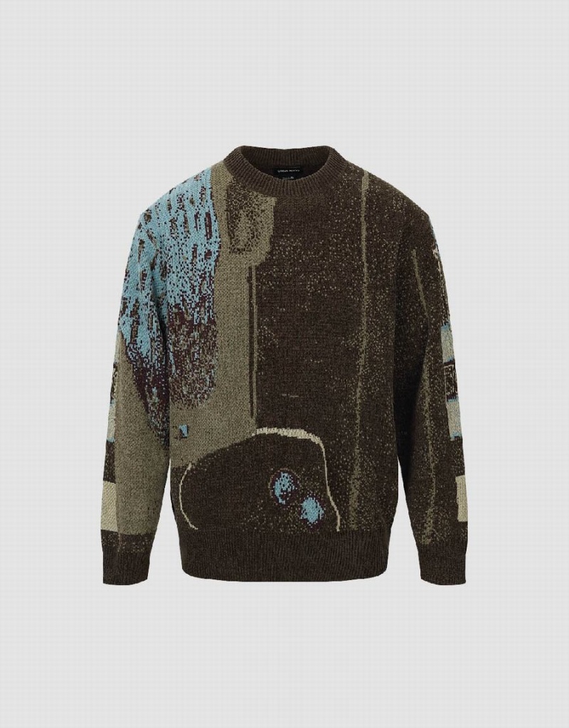 Urban Revivo Straight Printed Men's Sweaters Green Brown | FOO8599IT