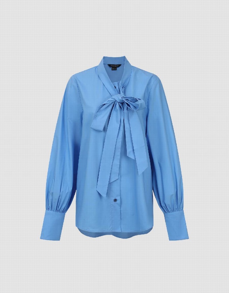 Urban Revivo Striaght Loose With Tie Women's Shirts Blue | HUQ3344CA