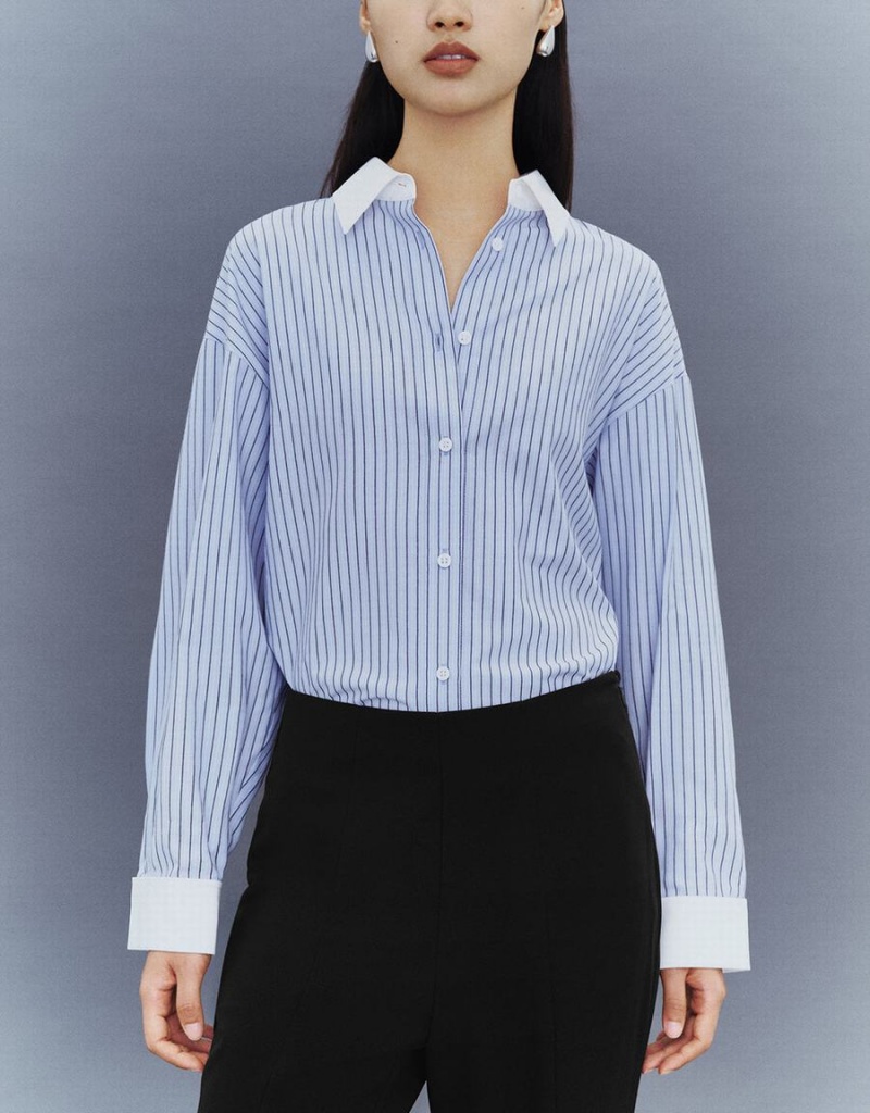 Urban Revivo Striped Button Up Lapel Women's Shirts Blue | BWQ498BL