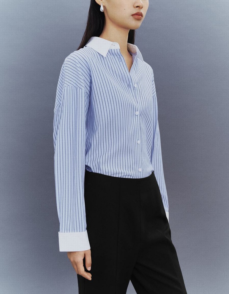 Urban Revivo Striped Button Up Lapel Women's Shirts Blue | BWQ498BL