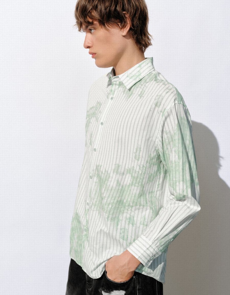 Urban Revivo Striped Button Up Loose Men's Shirts White Green | LED4150YT