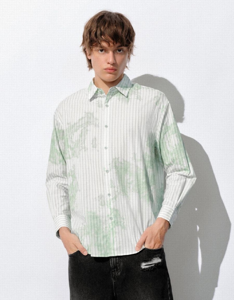 Urban Revivo Striped Button Up Loose Men\'s Shirts White Green | LED4150YT