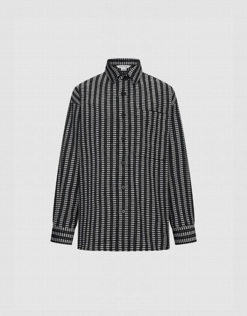 Urban Revivo Striped Button Up Oversized Men's Shirts Black | IXH5895HU