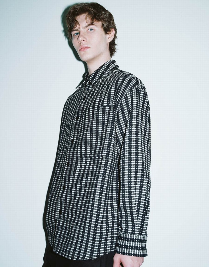 Urban Revivo Striped Button Up Oversized Men's Shirts Black | IXH5895HU