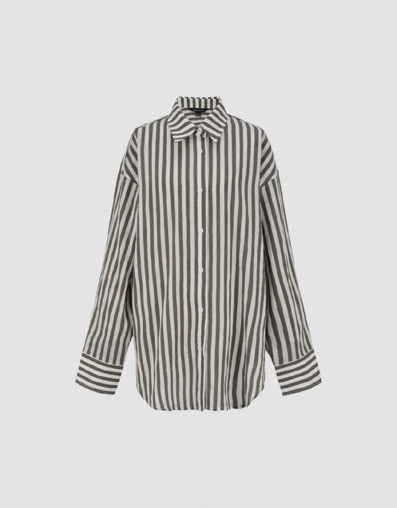 Urban Revivo Striped Button Up Straight Women's Shirts Brown | UYT9290PH