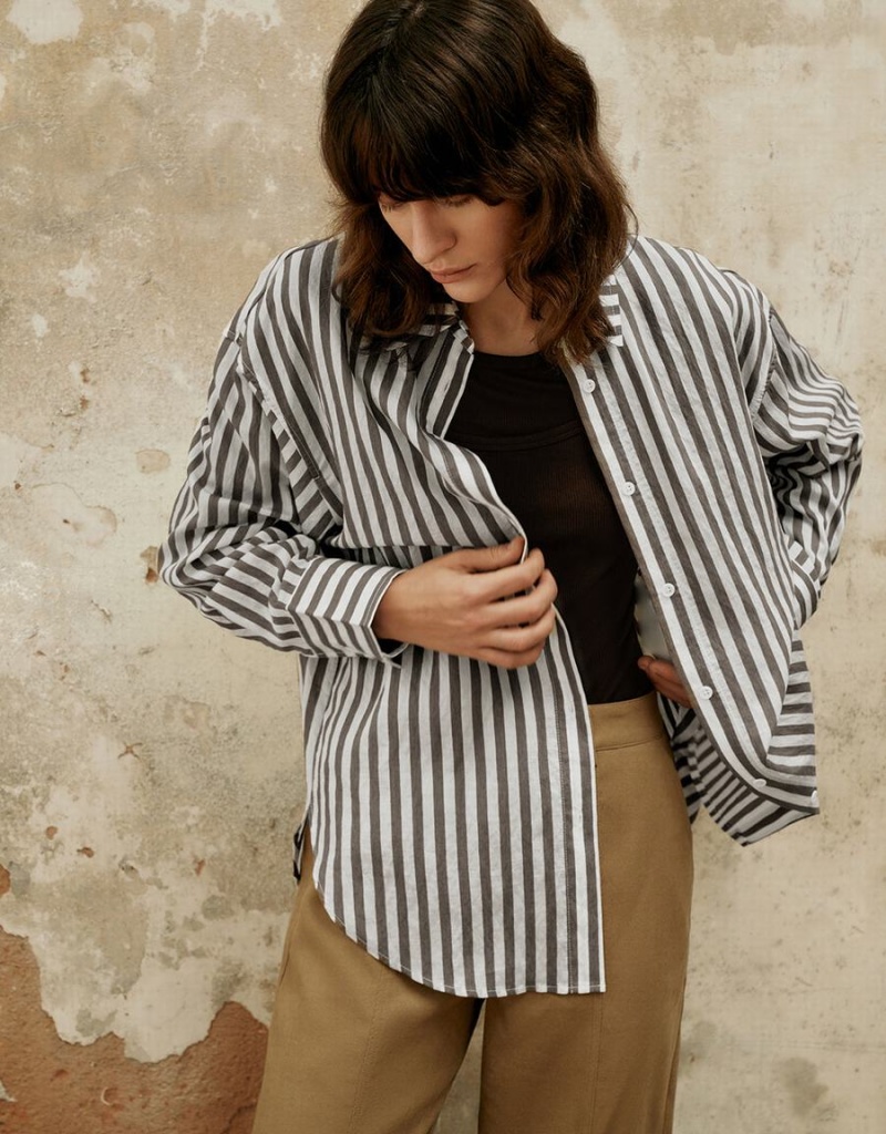 Urban Revivo Striped Button Up Straight Women's Shirts Brown | UYT9290PH