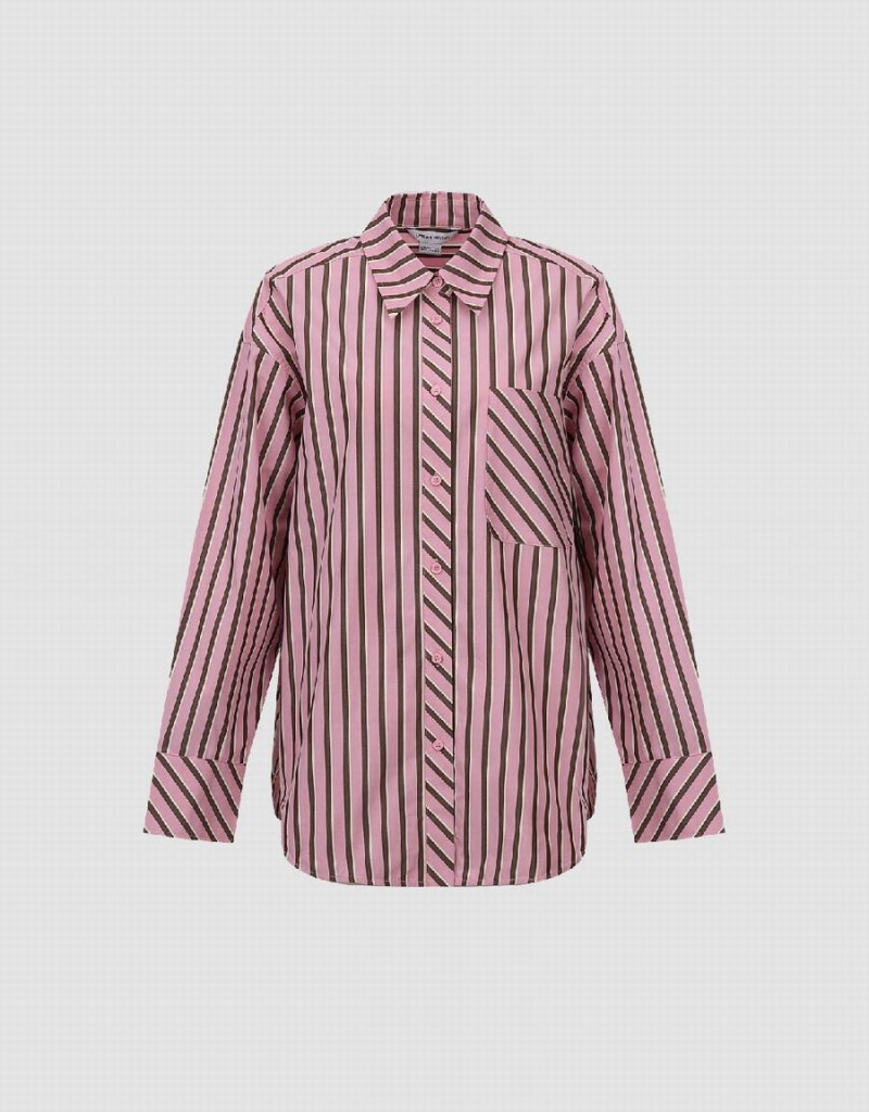 Urban Revivo Striped Button Up Women's Shirts Pink | SJD3344PN