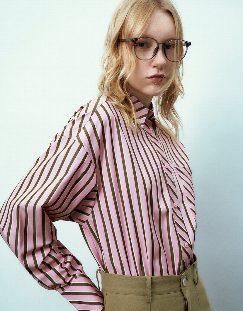 Urban Revivo Striped Button Up Women's Shirts Pink | SJD3344PN