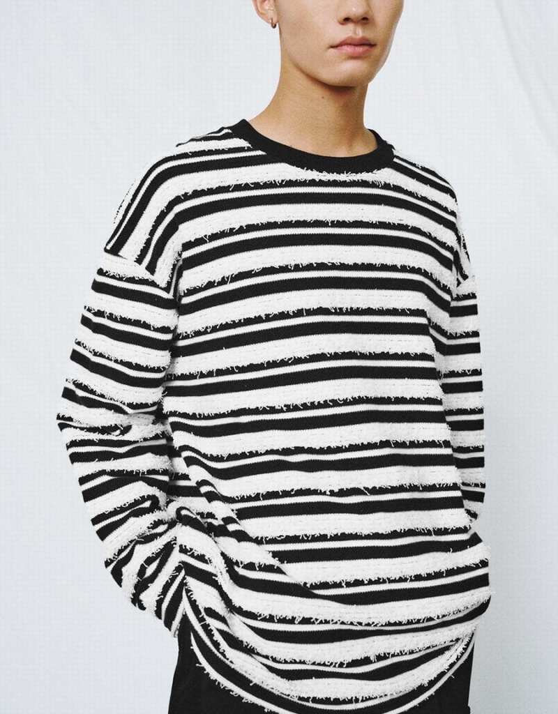 Urban Revivo Striped Crew Neck Men's T Shirts White | QFF1834JC