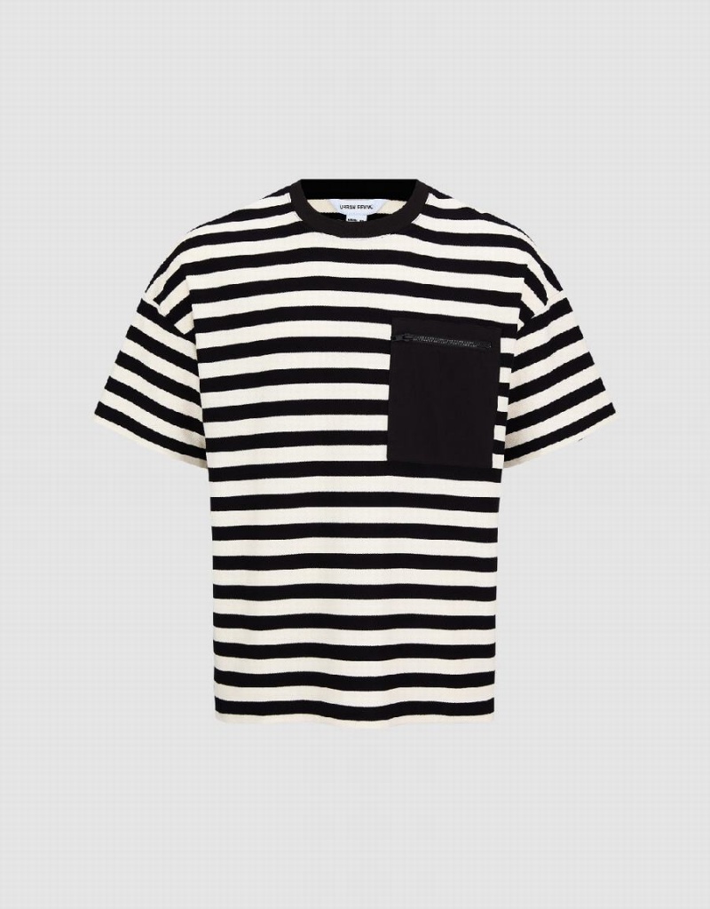 Urban Revivo Striped Crew Neck Men's T Shirts Black | EHP8794VP