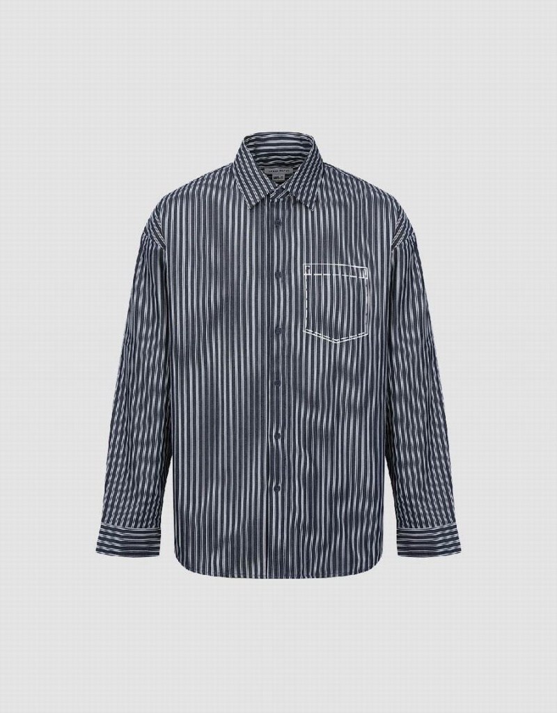 Urban Revivo Striped Loose Men's Shirts Blue | SXS625VJ