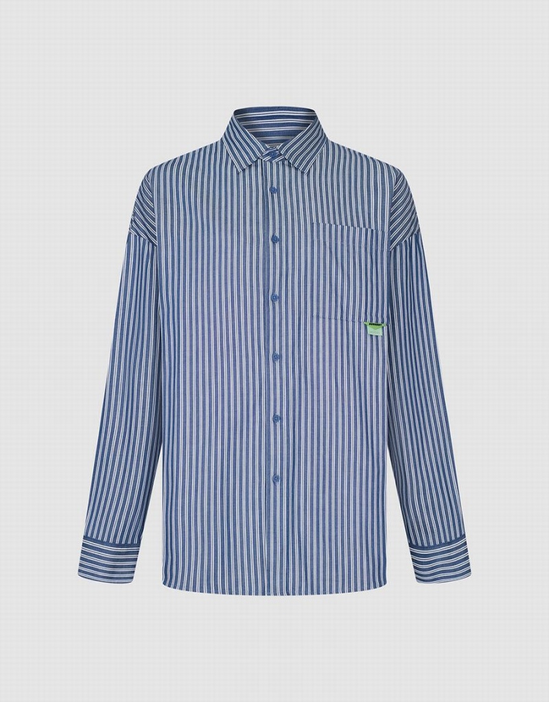 Urban Revivo Striped Oversized Men's Shirts Blue | CTV9893EB