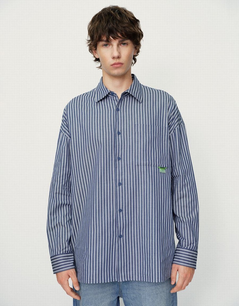 Urban Revivo Striped Oversized Men\'s Shirts Blue | CTV9893EB