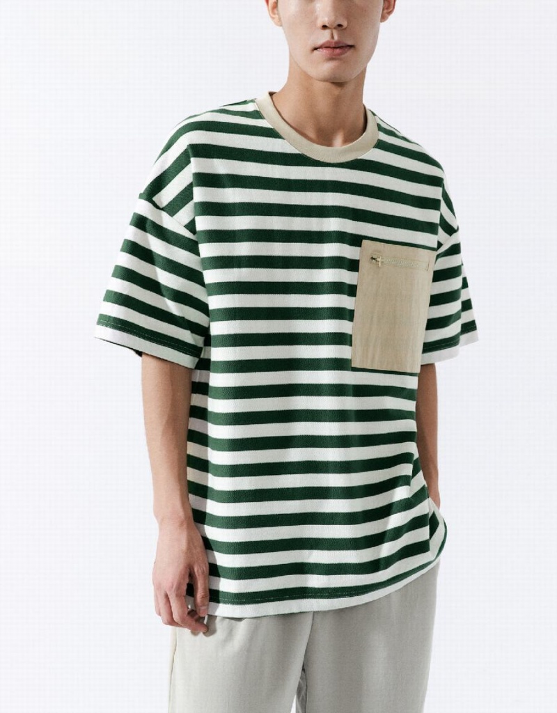 Urban Revivo Striped Straight Men's T Shirts Green | UQY7731QM