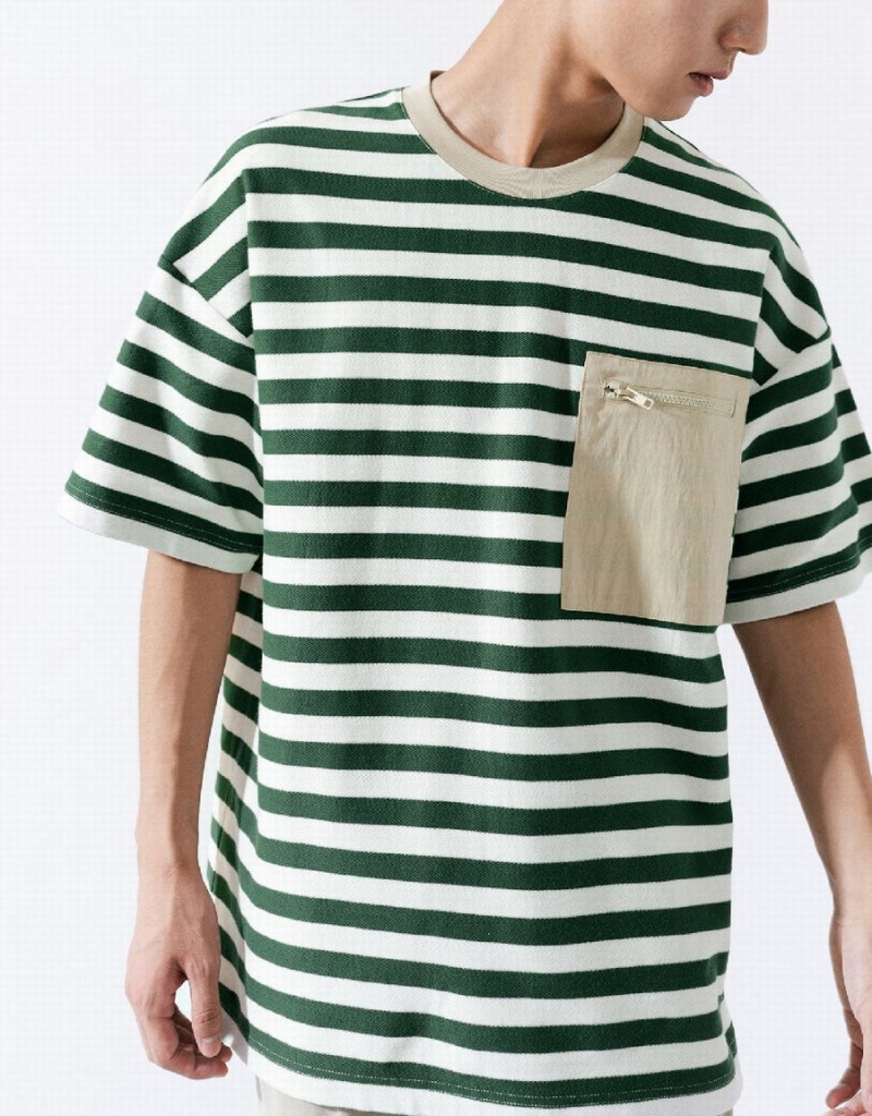 Urban Revivo Striped Straight Men's T Shirts Green | UQY7731QM