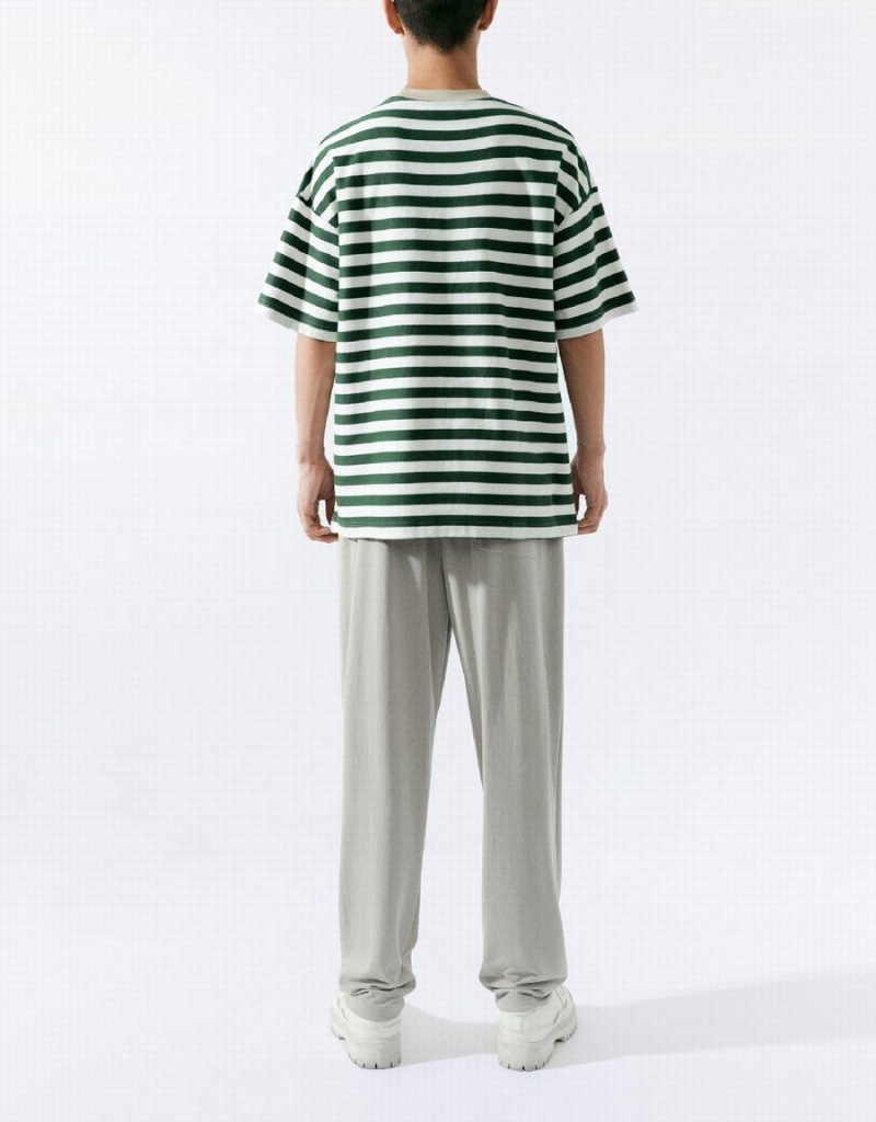 Urban Revivo Striped Straight Men's T Shirts Green | UQY7731QM