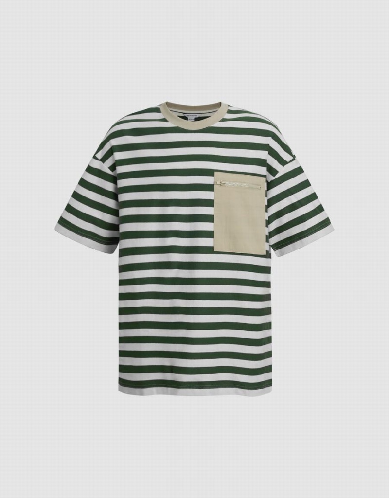 Urban Revivo Striped Straight Men\'s T Shirts Green | UQY7731QM