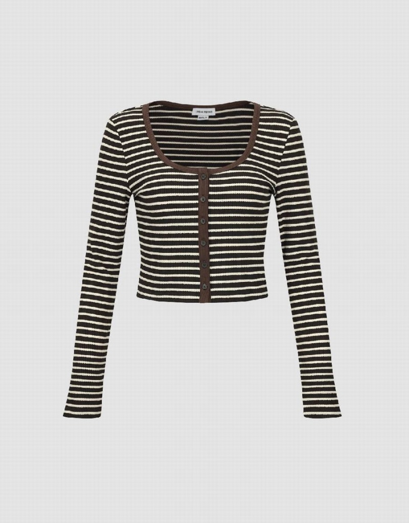 Urban Revivo Striped U Neck Skinny Women's T Shirts Khaki | TLY6486NM