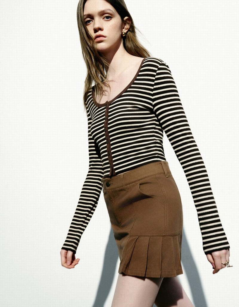 Urban Revivo Striped U Neck Skinny Women's T Shirts Khaki | TLY6486NM