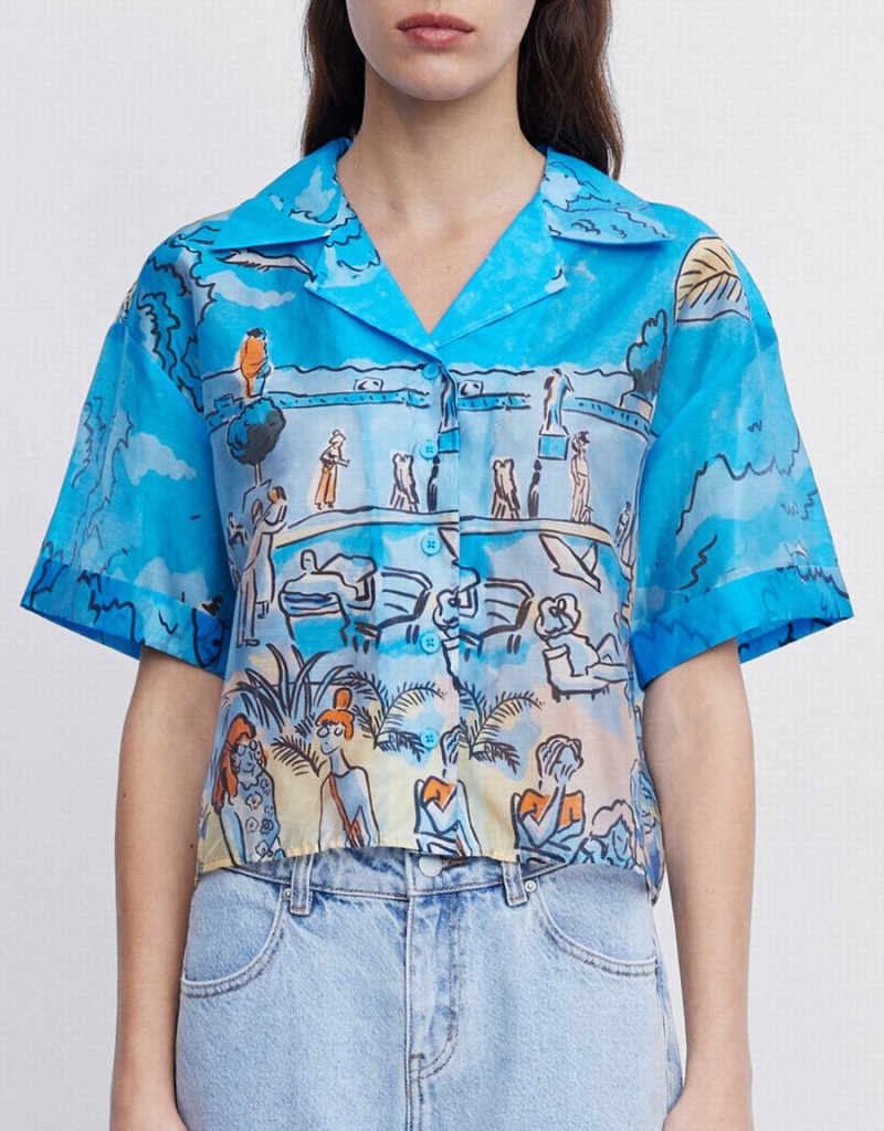 Urban Revivo Summer Landscape Women's Shirts Blue | VFL6499WJ