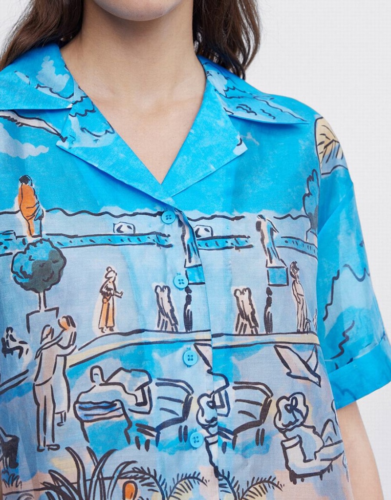 Urban Revivo Summer Landscape Women's Shirts Blue | VFL6499WJ