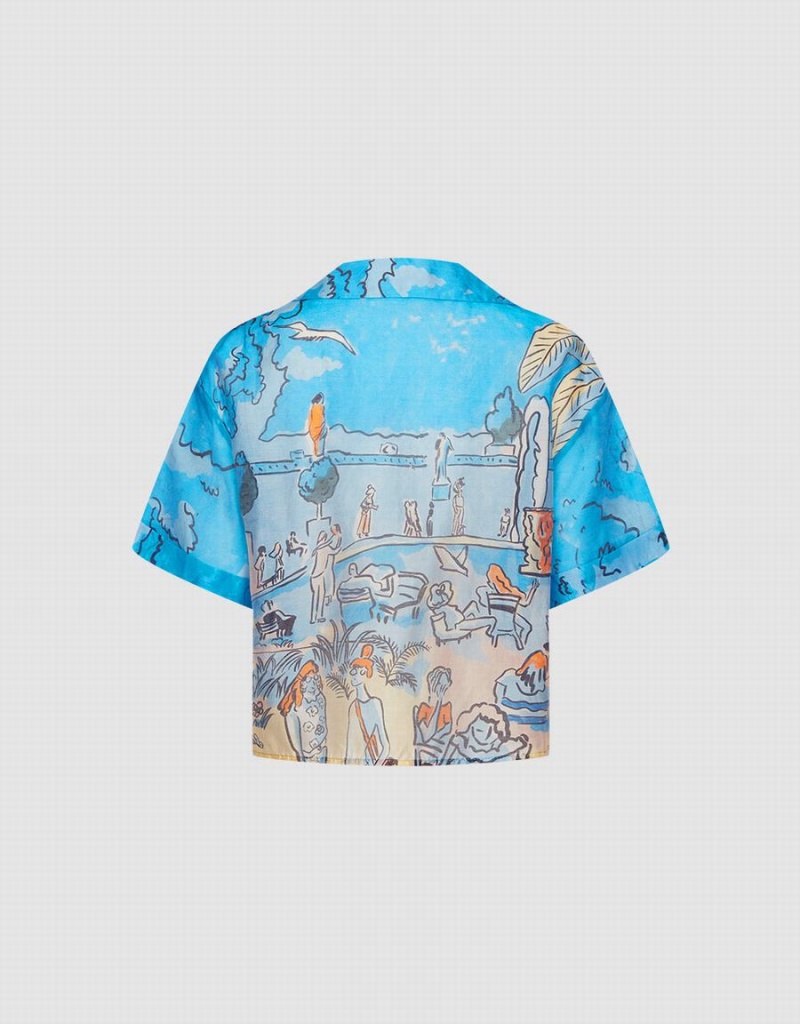 Urban Revivo Summer Landscape Women's Shirts Blue | VFL6499WJ