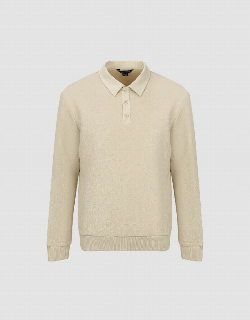 Urban Revivo Textured Button Half Placket Men's Polo Shirts Light Khaki | IGS7765CL