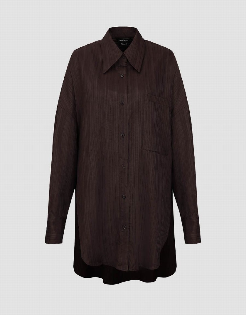 Urban Revivo Textured Button Up Oversized Women's Shirts Dark Brown | RHF603UL