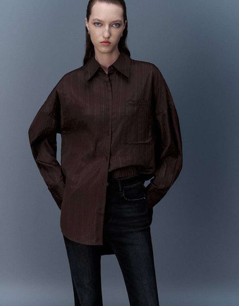 Urban Revivo Textured Button Up Oversized Women's Shirts Dark Brown | RHF603UL