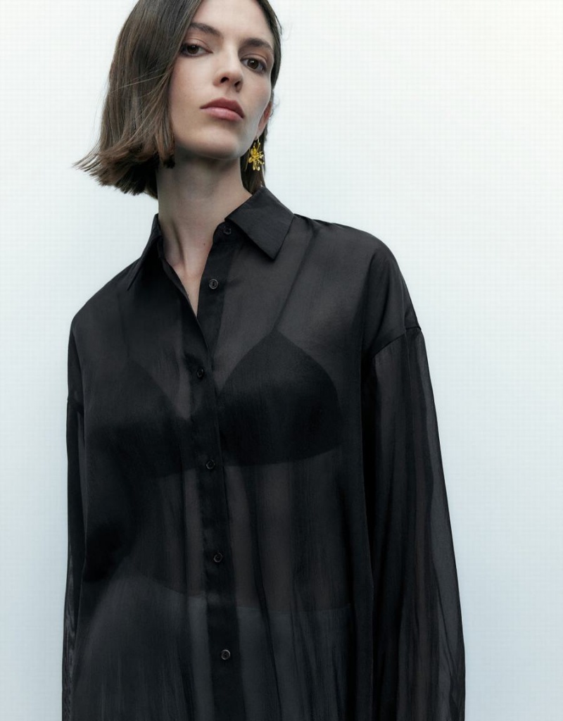 Urban Revivo Thin Button Up Loose Women's Shirts Black | KAX244XC