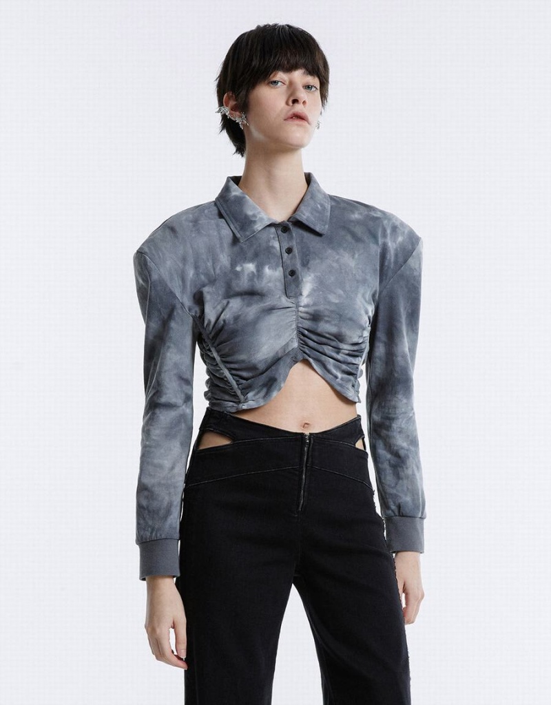 Urban Revivo Tie-Dye Ruched Crop Women's Blouse Grey | MFY3832DC