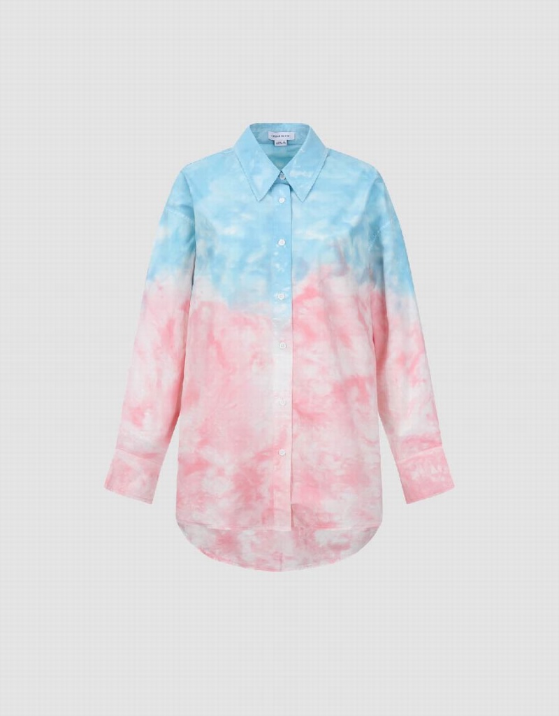 Urban Revivo Two Toned Printed Straight Women's Shirts Pink Blue | PZT2327GV